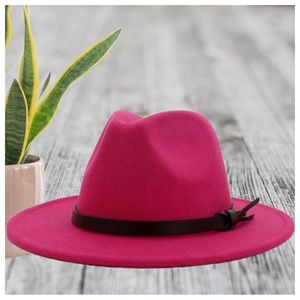 Eye Catching - Wide Brim Belt Accent Pink Fedora